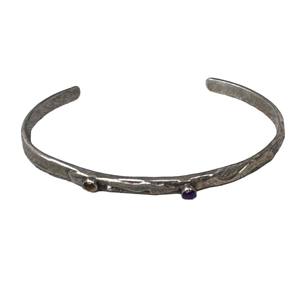 Vtg Sterling Silver 14k Gold Modernist J Barnes Cuff Bracelet Citrine & Amethyst